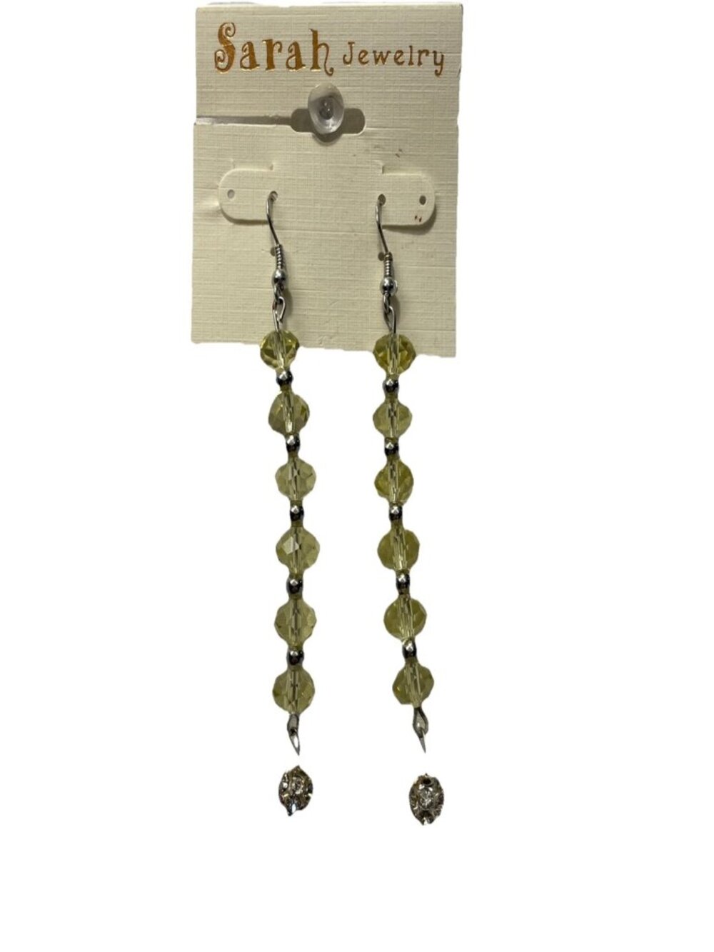 Sarah Jewelry Long Yellow Beaded Dangle Earrings 3.25 in Drop Silver Tone